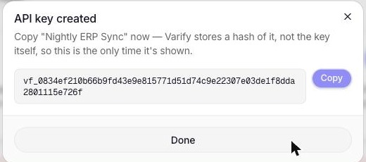 The 'API key created' dialog, showing the plaintext key and a Copy button