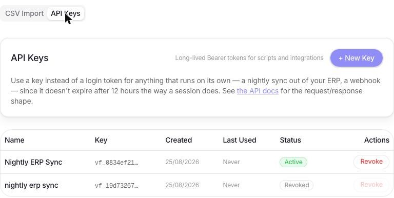 The API Keys tab on the Import Data page, showing the + New Key button and a table of existing keys